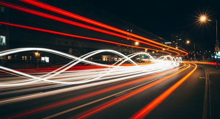 A long exposure photograph of a city street at night, capturing the dynamic light trails from moving vehicles. Wavy lines of red and white light streak across the dark asphalt, with illuminated streetlights and buildings in the background.の素材