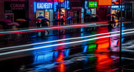 A long exposure,night-time shot of a wet city street,slick with rain. Bright red,blue,and white light trails from cars streak across the road,reflecting in the puddles. Pedestrians with umbrellas walk past storefronts glowing with vibrant neon signs.の素材