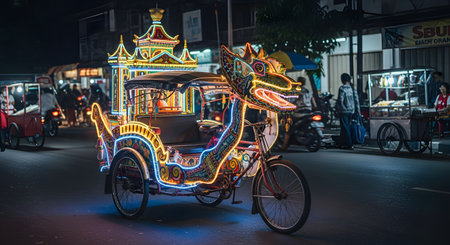 A brightly illuminated and ornate 'becak' (pedicab/rickshaw) decorated with colorful neon lights, including a dragon-shaped front. This traditional form of transport is parked on a busy street at night, likely in Yogyakarta, Indonesia, with food carts in the background.の素材