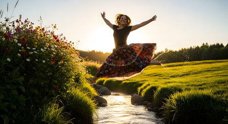 A joyful, barefoot woman in a floral skirt leaps with arms outstretched over a small stream in a beautiful, sunny meadow. The scene is filled with wildflowers and golden sunlight, conveying freedom and happiness.の素材