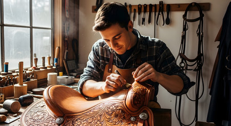 A focused young male artisan in a plaid shirt and leather apron works in his sunlit workshop, hand-tooling an intricate floral design onto a Western leather saddle. His workbench is filled with various leatherworking tools. This conveys craftsmanship, tradition, and skill.の素材