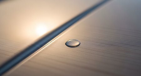 A macro close-up of a single, perfect water droplet resting on a brushed metal surface, possibly a car hood or stainless steel. The droplet reflects a warm light source, and a dark groove or seam runs diagonally across the reflective, textured surface.の素材