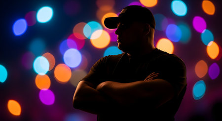 A low-key silhouette of a man wearing a baseball cap, standing with his arms crossed. He is set against a dark background illuminated by vibrant, colorful, out-of-focus bokeh lights, creating a mysterious or thoughtful urban mood.の素材