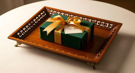 An elegantly wrapped green gift box tied with a luxurious gold satin ribbon and bow rests on an ornate wooden serving tray. A small tag with the words For You" is attached all set on a white tablecloth."の素材