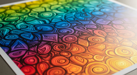 A close-up, angled shot of a paper print featuring an intricate, hand-drawn doodle pattern. The art is colored with a vibrant rainbow gradient, transitioning from green and blue to orange and red, with glossy highlights.の素材