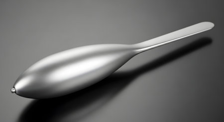 A minimalist studio shot of a sleek, abstract object made of brushed silver or aluminum, resting on a dark, glossy, reflective surface. The object has a smooth, teardrop-shaped body and a flat handle, suggesting a modern design concept or a futuristic tool.の素材