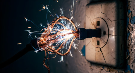 A dangerous electrical hazard shows a frayed, exposed copper wire on a plug sparking and short-circuiting. The plug is in a cracked, old, and damaged wall outlet, with bright orange and blue sparks flying.の素材