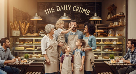 A happy, diverse multi-generational family of bakers in aprons stands smiling in front of their bakery, 'The Daily Crumb'. A little girl playfully puts flour on her father's face. Customers sit at tables outside, enjoying pastries, creating a warm, small-business atmosphere.の素材