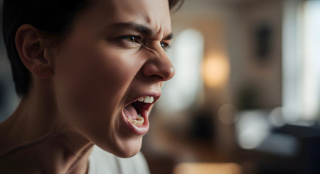 An intense, extreme close-up profile of a person's face, contorted in anger or rage. Their mouth is wide open as they shout or scream, and their brows are furrowed. The image captures a powerful, raw emotion of frustration or fury.の素材