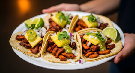 A pair of hands holds a white plate full of Tacos al Pastor. The tacos are on corn tortillas, filled with seasoned pork, topped with pineapple chunks, diced onions, cilantro, and green salsa, with lime wedges on the side.の素材