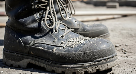 A close-up, low-angle shot of a pair of dirty, black leather work boots covered in mud, dust, and gravel. The heavy-duty, steel-toed boots are on the ground at a construction site, symbolizing manual labor and hard work.の素材