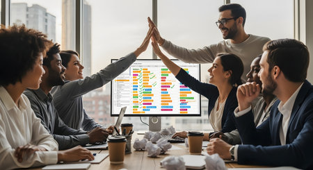 A diverse, happy business team celebrates a victory in a modern office meeting room. Colleagues give high-fives in front of a large screen displaying a successful project chart, with crumpled paper on the table suggesting a brainstorming session.の素材