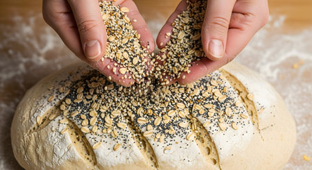 Close-up of a baker's hands sprinkling a mix of seeds,including oats,sesame,and poppy seeds,onto a loaf of scored,unbaked sourdough bread dough. The scene is set on a floured wooden surface,capturing the process of artisan bread making.の素材
