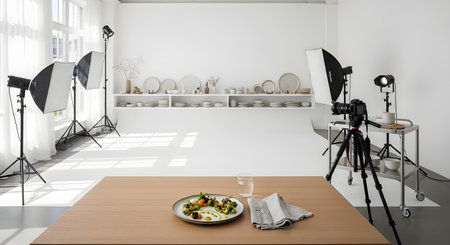A behind-the-scenes look at a professional, all-white photography studio set up for a food shoot. In the foreground, a plated meal sits on a wooden table, while the background shows studio lights, softboxes, a camera on a tripod, and shelves of white props.の素材