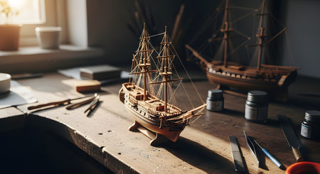 A detailed, intricate wooden model ship, a galleon or frigate, sits on a rustic workbench in a workshop. The bench is cluttered with various crafting tools like tweezers, knives, and paint bottles, and another model is visible in the background. The scene evokes the hobby of model building, craftsmanship, and patience.の素材