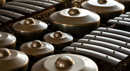 A close-up shot of traditional Indonesian gamelan instruments, showing the intricate bronze metallophones (saron, gender) and pot-shaped gongs (bonang, kenong). The lighting highlights the metallic texture and craftsmanship of the traditional Javanese or Balinese orchestra.の素材