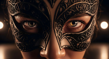 An extreme close-up of a person's eyes looking through an intricate, black Venetian-style masquerade mask. The mask has ornate filigree patterns, and the person has striking eyes, one hazel-green and one with heterochromia (partially brown/yellow).の素材