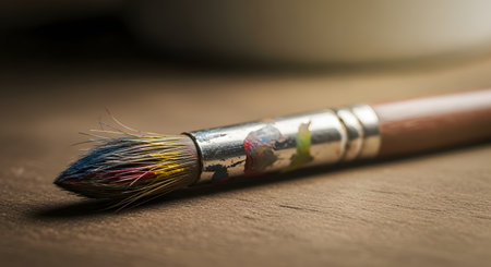 An extreme macro close-up of the tip of an artist's paintbrush on a wooden surface. The bristles are stained with various colors like blue, yellow, and red, and the metal ferrule also has dried paint splotches.の素材