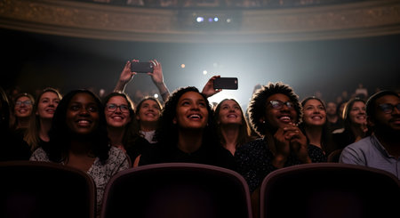 A diverse and happy audience in a dark theater, smiling and looking up at a brightly lit stage. Several people are holding up smartphones to record the performance, their faces illuminated by the stage light.の素材