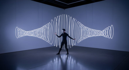 A performer or mime in a dark suit and white face paint stands in a dark gallery, interacting with a large, glowing white light sculpture. The light installation is shaped like a sine wave or soundwave, creating a futuristic and artistic visual.の素材