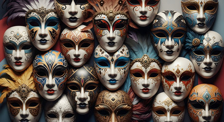 A rich, textured background collage composed of numerous ornate Venetian carnival masks. The masks are intricately decorated with gold, blue, and red paint, glitter, and feathers, each with a unique, expressive face. The image represents mystery, celebration, masquerade, and Venetian culture.の素材