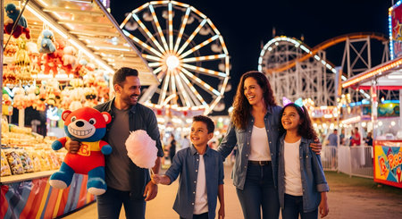 A happy family of four, including a mother, father, son, and daughter, walks through a brightly lit amusement park or fair at night. The father holds a large blue teddy bear prize, the son holds pink cotton candy, and the brightly lit Ferris wheel and roller coaster are visible in the background.の素材