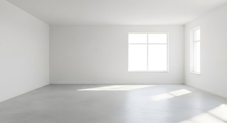 A bright, empty room with white walls, a grey concrete floor, and two large windows. Sunlight streams in, casting shadows on the floor. This minimalist space represents a new beginning, real estate, or a blank canvas.の素材