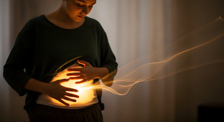 A woman stands in a dimly lit room, holding her hands over her abdomen. A bright, warm, yellow light glows from within her stomach, with ethereal light streaks flowing outwards, conceptually representing good digestion, gut health, inner energy, or wellness.の素材