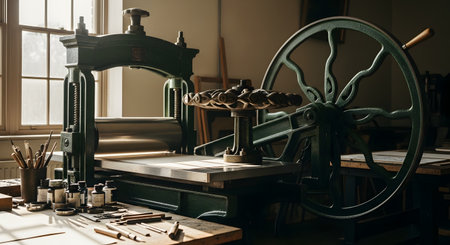 A large, vintage etching or letterpress printing press made of dark green cast iron, situated in an artisan's workshop. Sunlight streams in from a window, illuminating the press and a nearby table covered with inks, rollers, and carving tools.の素材