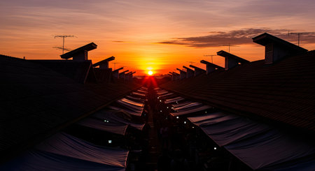 A symmetrical view down a long alley of an outdoor market at sunrise. The bright sun is perfectly aligned at the end of the corridor, silhouetting the stalls, awnings, rooftops, and people below, creating a warm and atmospheric scene.の素材