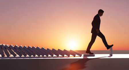 A conceptual silhouette of a businessman in a suit confidently stepping onto the first domino in a long, falling row, preventing the chain reaction. The scene is set against a bright sunset, symbolizing leadership, intervention, stopping a crisis, and strategic solutions.の素材