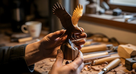 A woodcarver's hands proudly hold a beautifully detailed, finished wooden sculpture of an eagle with its wings spread. The artisan's workbench, with carving tools and wood chips, is visible in the blurred background.の素材