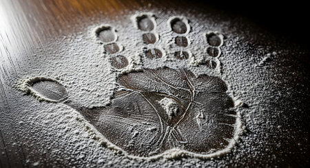 A clear, detailed handprint left in a dusting of white powder, possibly flour or dust, on a dark wooden surface. The print's texture and the wood grain are visible under dramatic lighting.の素材