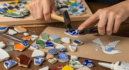 Close-up of a person's hands engaged in creating a mosaic artwork. One hand uses a small hammer to break a piece of blue and white patterned tile, while the other holds tile nippers, with various colorful ceramic shards scattered on a wooden table next to a bird sketch.の素材