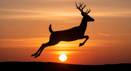 A striking silhouette of a deer with antlers, captured in mid-air as it leaps. The background is a vibrant, colorful sunset with the sun as a bright orb low on the horizon, casting the landscape and the deer in shadow.の素材
