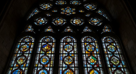 An upward-looking shot of a large, ornate stained glass window inside a dark church or cathedral. The intricate gothic design features colorful geometric patterns and rosettes, with light shining through the blue, yellow, and red glass.の素材