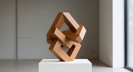 A modern, abstract wooden sculpture of an interlocking knot or geometric shape, displayed on a white pedestal. The sculpture is in a minimalist art gallery or museum with concrete walls and a large window.の素材