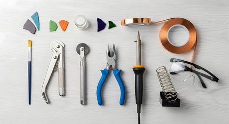 A flat lay of tools and supplies for making stained glass, arranged neatly on a white wooden background. The equipment includes a soldering iron, copper foil tape, a glass cutter, pliers, safety glasses, and small pieces of colorful glass.の素材