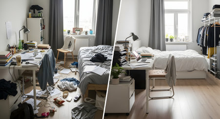 A split-screen, before-and-after image of a bedroom. The left side shows a very messy and cluttered room with clothes on the floor, while the right side shows the same room perfectly clean, tidy, and organized.の素材