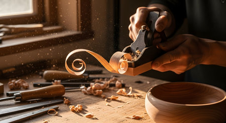 Close-up of a carpenter's hands using a hand plane to smooth a piece of wood, creating a perfect spiral shaving. The action shot takes place in a workshop, with wood dust in the air and other tools on the rustic workbench.の素材