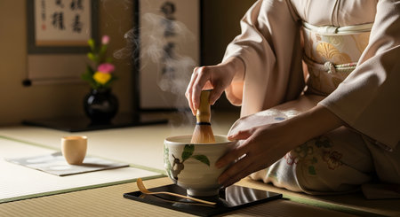 A close-up of a person in a traditional kimono performing a Japanese tea ceremony. Their hands are precisely whisking steaming green matcha tea in a ceramic bowl using a bamboo whisk (chasen) on a tatami mat floor.の素材