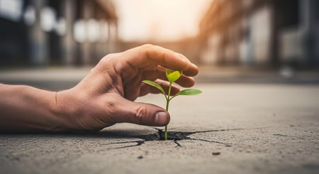 A close-up of a hand gently touching a small, green sprout (a new plant) that is growing up through a crack in dry, gray concrete. The image symbolizes hope, new beginnings, resilience, and nature's power.の素材