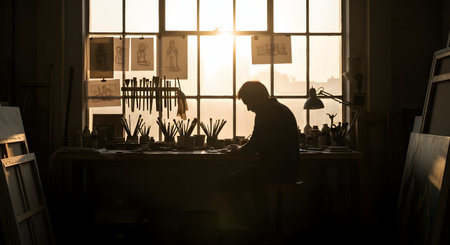 A silhouette of an artist sitting on a stool at a cluttered desk, focused on drawing or painting. The scene is backlit by the bright, warm glow of a sunset or sunrise streaming through a large paned window, creating a dramatic and pensive mood in the studio.の素材