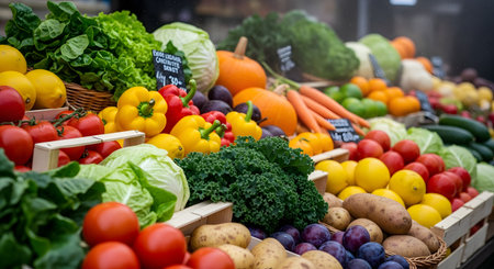 A vibrant and abundant display of fresh, colorful produce at an outdoor market stall. The display includes kale, tomatoes, bell peppers, potatoes, lemons, pumpkins, and cabbage, all arranged in wooden crates.の素材