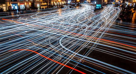 A chaotic and complex network of light trails from vehicles at night, captured with a long exposure from an elevated viewpoint. White, blue, and red streaks intersect and weave across a dark city intersection, representing data flow, speed, and urban energy.の素材