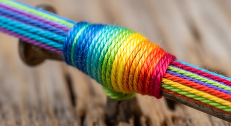 A macro, close-up image of multiple strands of rainbow-colored thread being wrapped tightly around a central point, like a nail, on a rustic wood surface. This image symbolizes concepts of unity, diversity, connection, and teamwork.の素材