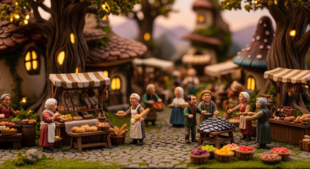 A detailed miniature diorama of a fantasy village marketplace. Tiny figures of villagers, including a baker, interact at stalls selling bread and goods, set against a backdrop of whimsical mushroom-shaped houses and trees with glowing lights. This represents fantasy, crafts, and miniature worlds.の素材
