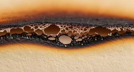 An extreme macro shot showing the edge of a burnt piece of paper. The charred and blackened edge is porous with bubble-like holes and ash, transitioning to a scorched brown and yellow on the beige paper.の素材