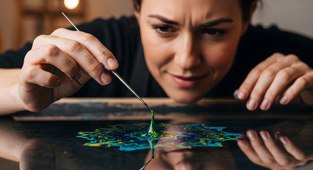 A close-up of a female artist with a focused, furrowed brow, carefully dripping green paint from a thin tool onto a black surface. The paint is spreading into a colorful, abstract, psychedelic pattern.の素材