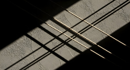 An abstract, high-contrast photograph of three parallel ropes casting strong, diagonal shadows across a rough, textured wall. The play of bright sunlight and deep shadows creates a striking geometric and minimalist composition.の素材